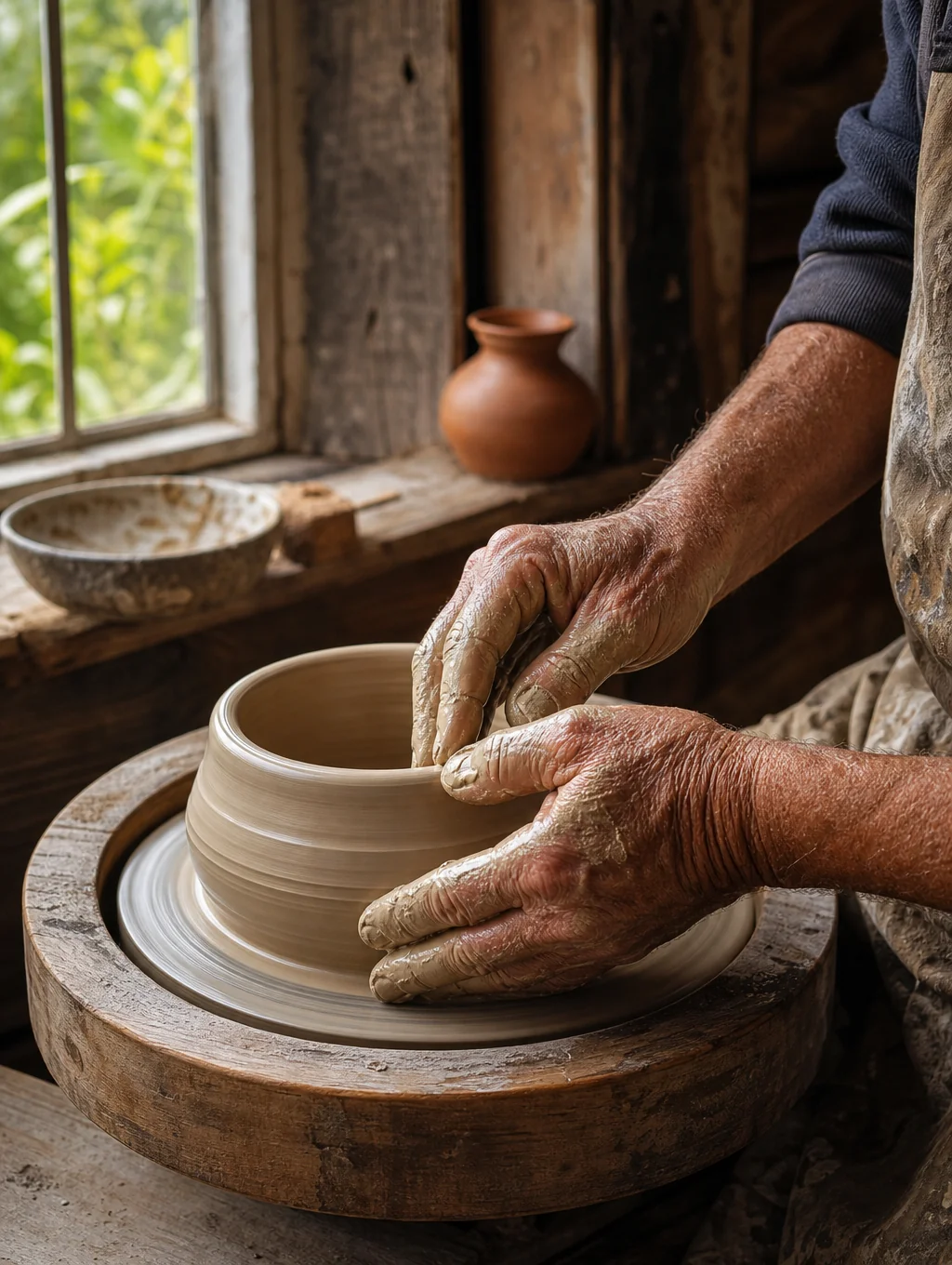 Hands shaping wet clay on a pottery wheel